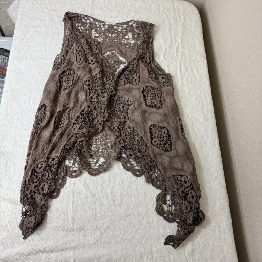 Pretty Angel Embroidered Lace Vest Size L Brown Linen Blend Boho Fairy Grunge